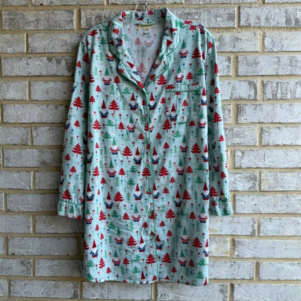 World Market Long Sleeve Button Up Christmas Gnomes Flannel Sleep Shirt Size S/M